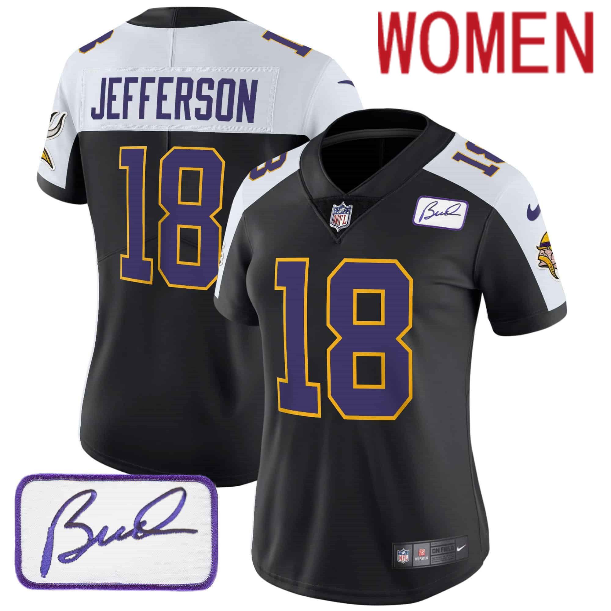 Women Minnesota Vikings 18 Jefferson Black 2024 Nike Bud Grant Patch Classic Limited NFL Jersey style 1